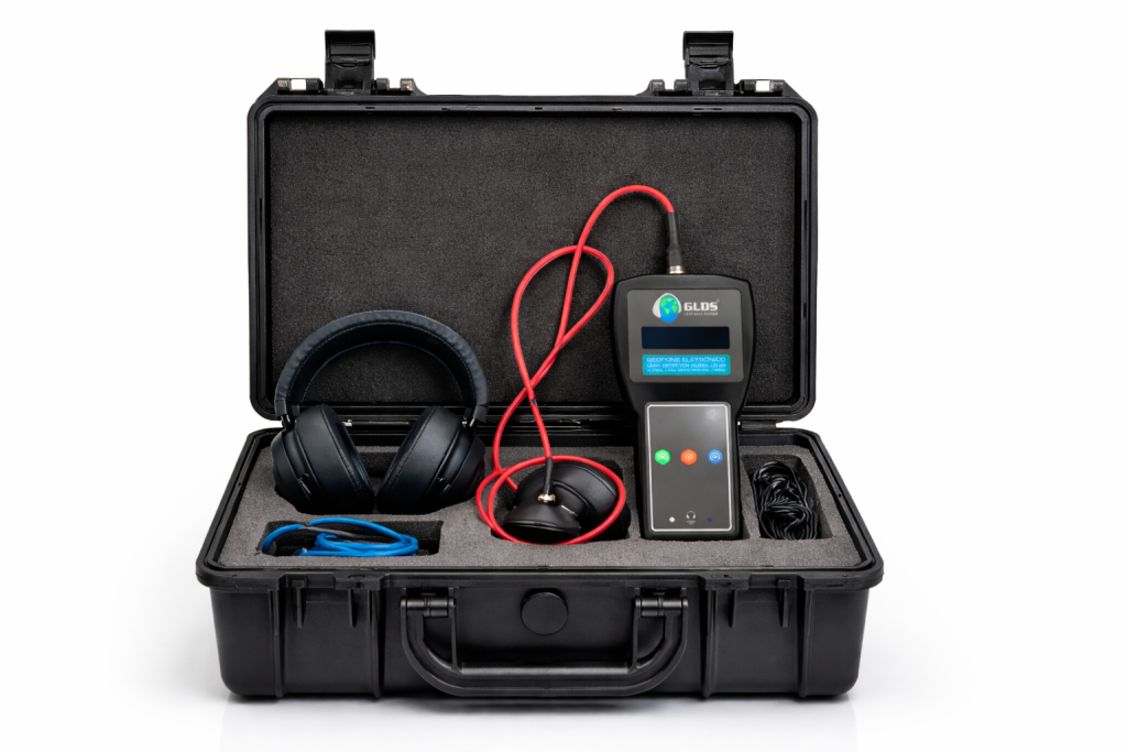 Maleta do Geofone Digital GLDS LD-25 aberta com equipamento, fone profissional, cabos e sensor organizados em espuma técnica.
