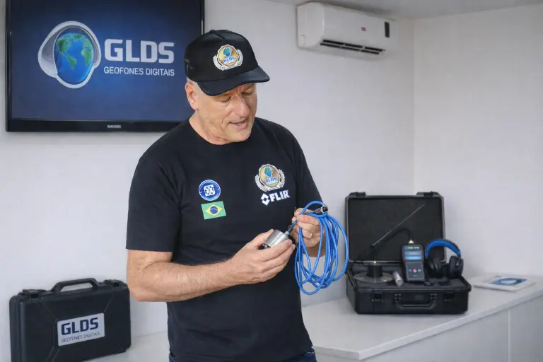 Instrutor da GLDS demonstrando o uso do geofone digital profissional em sala de treinamento organizada, com equipamento de detecção de vazamentos.