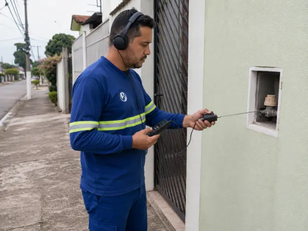 Profissional do saneamento utilizando geofone digital GLDS com haste de escuta para verificar vazamento próximo ao hidrômetro em área residencial.