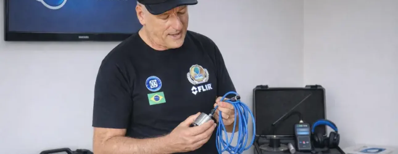 Instrutor da GLDS demonstrando o uso do geofone digital profissional em sala de treinamento organizada, com equipamento de detecção de vazamentos.