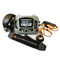 Geofone digital Perija Plus completo com mala de transporte, fone de ouvido acoplado, sensores, cabos e alça de sustentação.